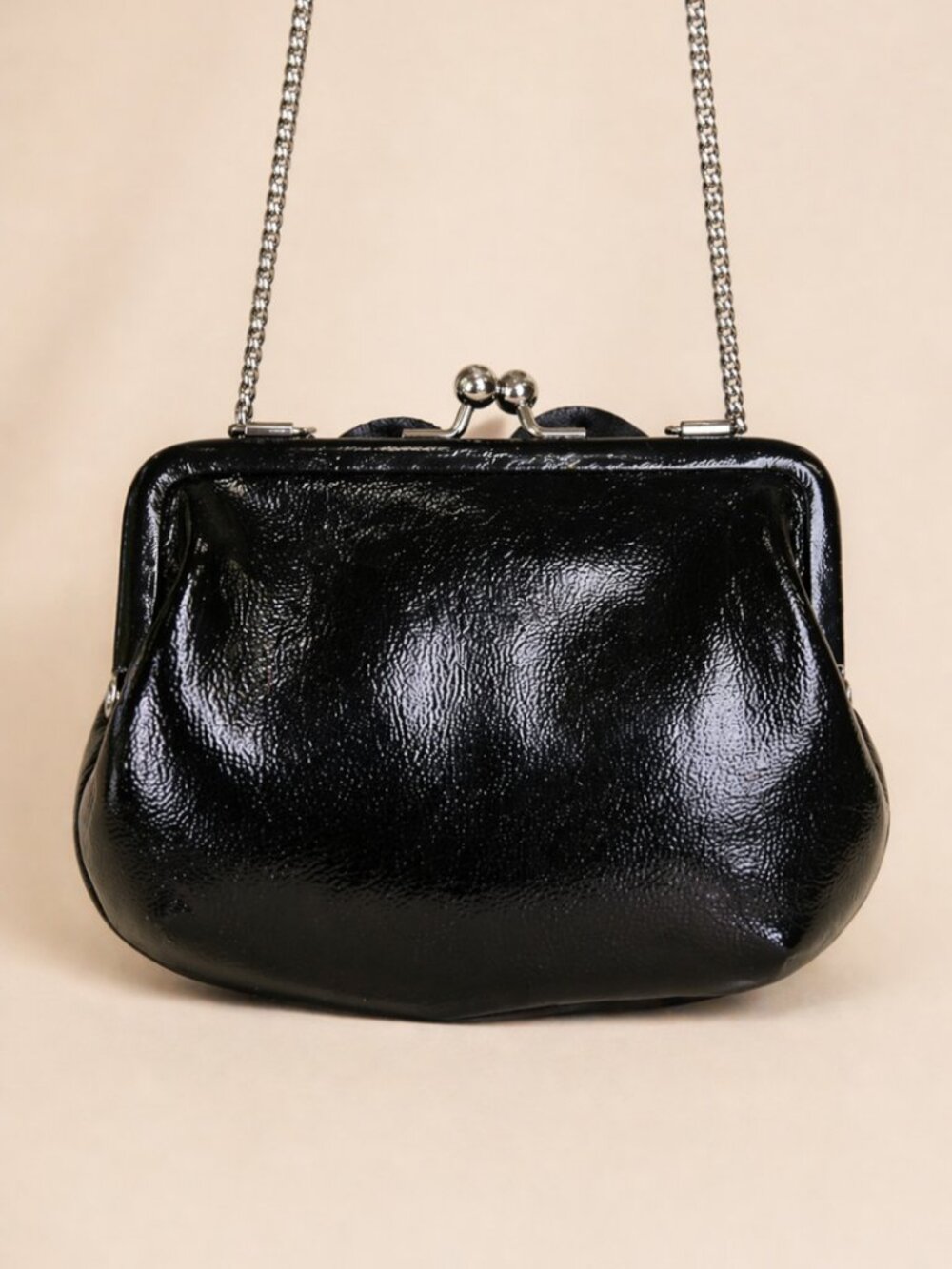 Vintage Brighton Black Patent Rosette Kiss-Lock Mini Clutch w/ Chain Crossbody - Picture 5 of 7